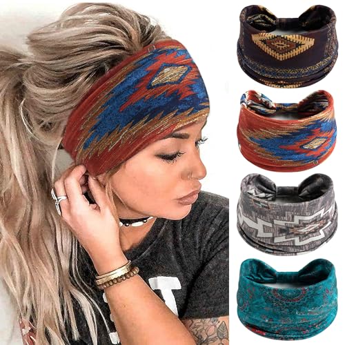 FULZTEY Boho African Headbands for Women Hair Vintage Stretchy Wide Knotted Hairbands Yoga Running Athletic Turban Stylish Pattern Hair Accessories for Women Girls 4 Pieces - color: Style 5