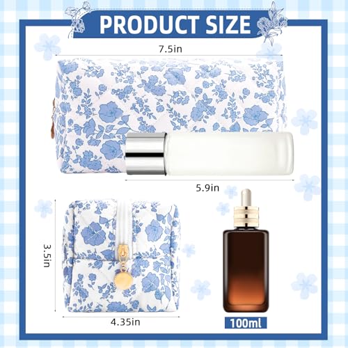Small Makeup Bag Quilted Cosmetic Bag Floral Travel Toiletry Bags for Women Cute Pencil Case Quilted Makeup Pouch Aesthetic Coquette Cosmetic Pouch Cotton Make Up Bags Cute Zipper Pouches Blue - color: Ac-blue flower