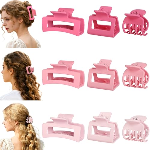 CHANDAT Medium Claw Hair Clips Set for Women - 3 Styles, 9PCS Rectangle Hair Clips for Thick Hair, Square Clips for Thin Hair - Pink - color: Pink