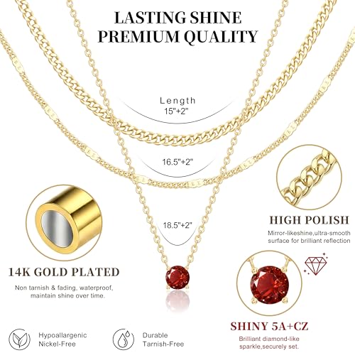 WomenGifts Layered Gold Necklaces for Women, 14K Gold Sterling Silver Plated Dainty Pendant Necklace Set Non Tarnish, Chunky Stackable Cuban Chain Choker, Trendy Birthstone Vacation Jewelry Gift - color: Gold, style: Cubic Zirconia-Created Garnet-Jan
