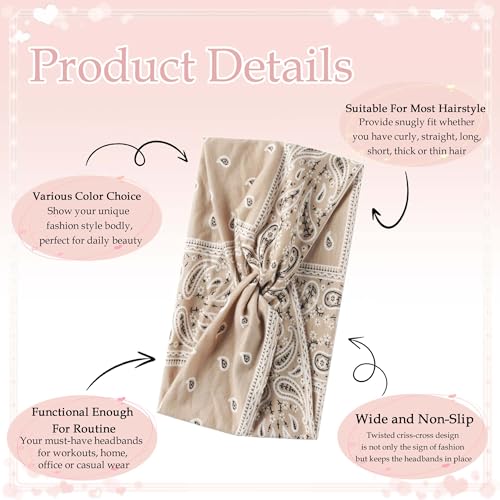 Wide Headband Boho Bandana HeadbandsFor Women Turban Head Wraps Paisley Criss Cross Wide Headbands Non Slip Hair Scarf Head Bands Cute Hairband Fashion Hair Accessories For Girls Teens 4 Pack - color: Style 136