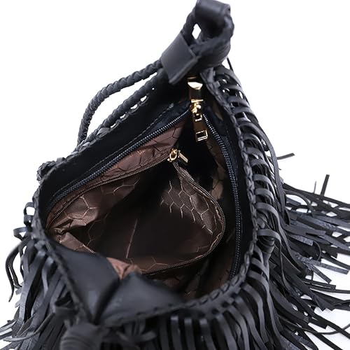Tassel Shoulder Bag Vintage & Stylish Women PU Leather Bohemian Fringed Crossbody Shoulder Hobo Fringe bag - color: Black-9x7.87in