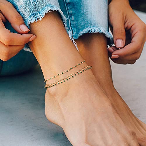 MTMY Gold Anklets for Women 14K Gold Plated Tiny Bead Anklet Colorful Tassel Foot Chain Dainty Adjustable Cute Summer Beach Boho Anklets Jewelry Gift - style: crystal-green