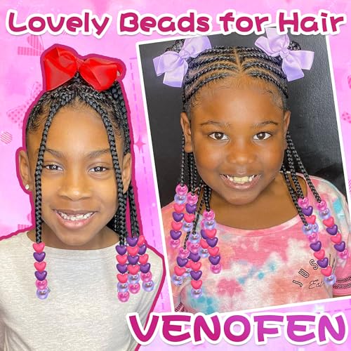 60PCS Heart Hair Beads Purple Hot Pink Loc Bead Valentine's Day Accessories Lovely AB Round Beads for Dreadlock Cute Acrylic Pony Bead for Kids Girls - color: Purple&Hot Pink