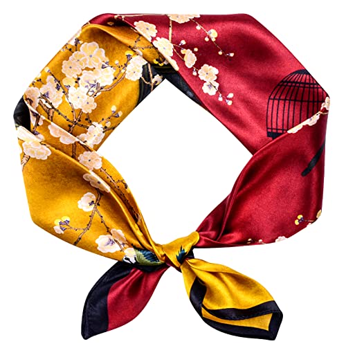 Stlvoll 100% Silk Head Scarf for Women - 27" Hair Scarves Satin Bandanas Square for Night Sleeping with Gift Packed - color: Red/Yellow/Flower
