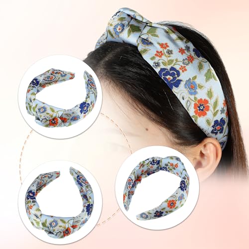 VOCOSTE Floral Pattern Knotted Headband, Classic Casual Style Headband for Women Girl, Blue 5.20"x2.36" - color: Blue