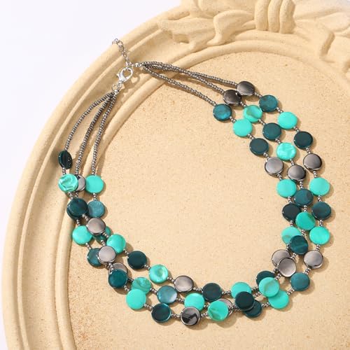Noessla Layered Beaded Chunky Necklace for Women Boho Two-color Shell Statement Necklace Fashion Collar Costume Jewelry Gifts for Mum - color: Green