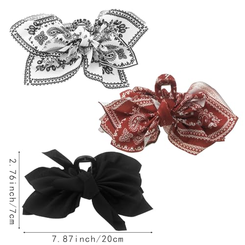 3 PACK Large Bow Western Hair Claw Clips,Boho Bandana Hair Bows Clips for WomenThick Hair Non-slip Hair Accessories for Girls - color: Black,White,Red
