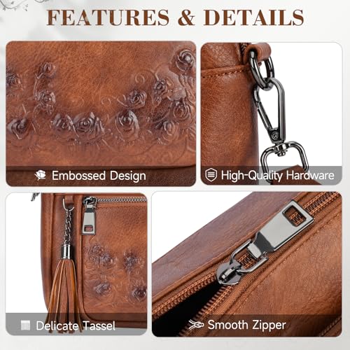 MEITRUE Crossbody Bags for Women, Vegan Leather Crossbody Purse Trendy Multi Pockets Shoulder Handbag with Tassel - color: 06-caramel Brown