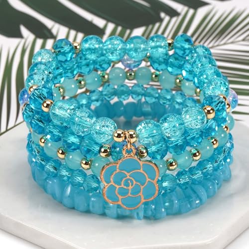 coadipress 5Pcs Bohemian Flower Stackable Bead Bracelets for Women Multilayer Crystal Glass Beaded Charm Bangles Bracelet Boho Summer Beach Hawaii Holiday Statement Jewelry - color: Blue