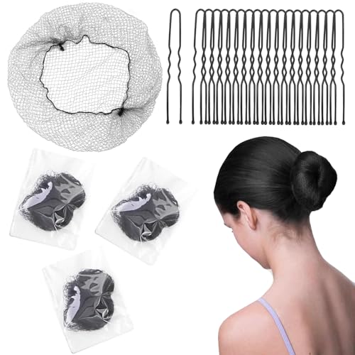 Hair Net Set 30 Pieces 20-Inch Nets, 50 Pieces 2.4-Inch U Pins - For Food Service, Bun Making, Ballet, and Versatile Hairstyling (Dark Color, 20inch, 80pcs/Pack) - color: Black, size: 20 Inch