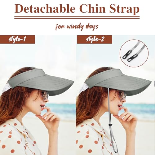 Sun Hats for Women - Wide Brim Sun Visor Hat for Women, UPF50+ Lightweight Foldable Ponytail Sports Cap - color: Grey