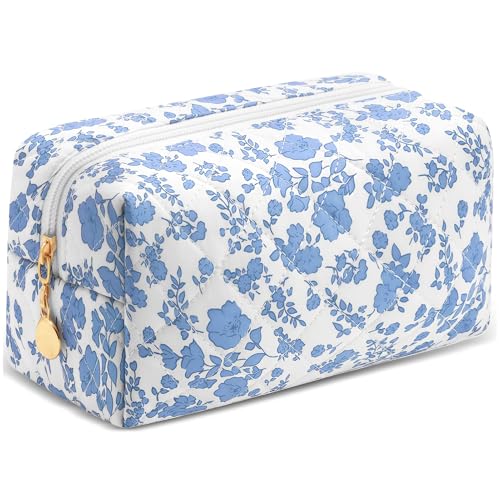 Small Makeup Bag Quilted Cosmetic Bag Floral Travel Toiletry Bags for Women Cute Pencil Case Quilted Makeup Pouch Aesthetic Coquette Cosmetic Pouch Cotton Make Up Bags Cute Zipper Pouches Blue - color: Ac-blue flower