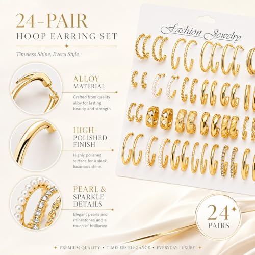 24 Pairs Gold Hoop Earrings Set for Women Hypoallergenic Chunky Chain Twisted Open Hoops Dangle Earring Packs for Birthday Party Fashion Jewelry Gift - color: 24Pcs-Gold