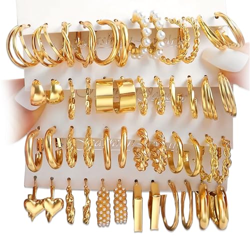 24 Pairs Gold Hoop Earrings Set for Women Hypoallergenic Chunky Chain Twisted Open Hoops Dangle Earring Packs for Birthday Party Fashion Jewelry Gift - color: 24Pairs-Gold