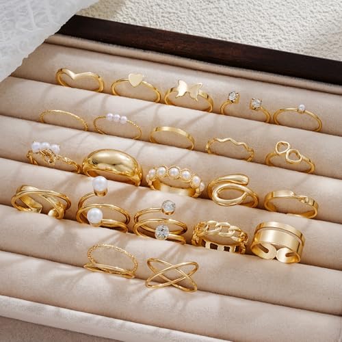 FAXHION 25 PCS Gold Stackable Rings Set for Women, Simple Twist Knuckle Finger Ring Trendy, Dainty Stacking Statement Thumb Rings Pack Jewelry Gift - color: Gold-Pearl