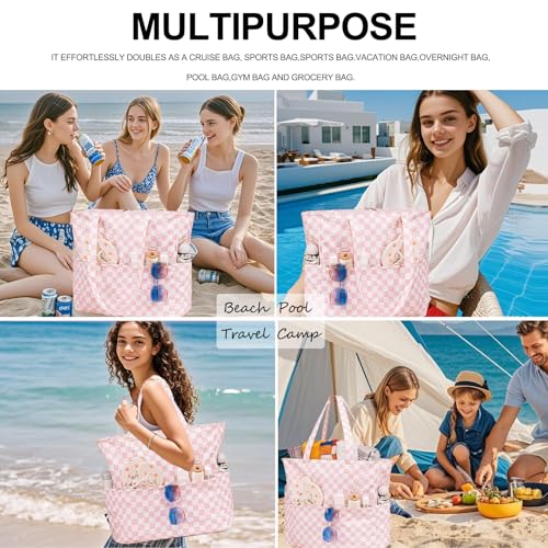 Bluboon Waterproof Beach Tote Pool Bags for Women Ladies Extra Large Carry On Bag With Wet Compartment for Weekender Travel - color: Checked Pink White