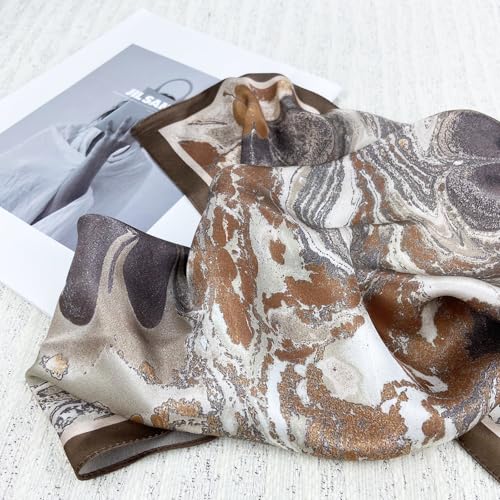 Women's Small 21 inch 100% Silk Scarf Bandana for Head Neck Hair | 100% Mulberry Silk Lightweight Designs Gift-Ready Packaging For Hair Fashion 21"x21" Printed - color: 301whie Brown