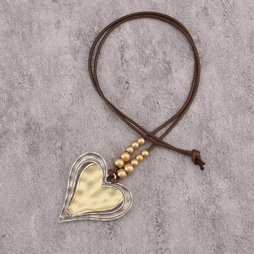 GelConnie Leather Necklaces Turquoise Long Boho Necklaces for Women Brown Chunky Circle Pendant Chocker Necklace Gold Sweater Necklace - style: Large Heart Pendant Necklace