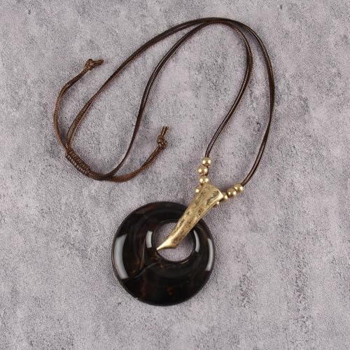 GelConnie Long Necklaces for Women Boho Large Pendant Necklace Casual Bohemian Brown Leather Choker Sweater Circle Statement Stone Necklace - style: Black Round Necklace
