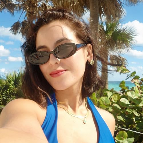 90s Sunglasses for Women Men Retro Small Oval Sunglasses - color: Black/Gray