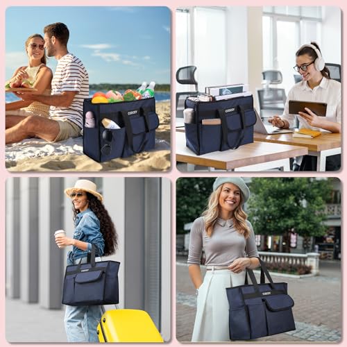 Large Utility Tote Bag with Reinforced Bottom, Waterproof Multi Pockets Beach Tote Bag for Travel, Work, School - color: Blue