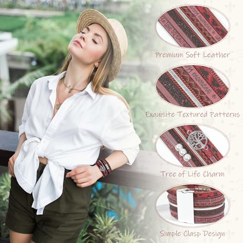 Leather Wrap Bracelet for Women, Boho Cuff Bracelet with Strong Clasp, Multi-Layer Crystal Leather Bracelet for Valentine Mother's Day - color: 02-Tree of Life-Burgundy