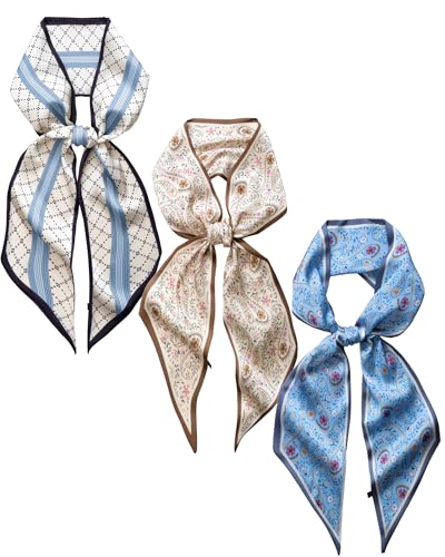 Raylarnia 3 Pack Satin Purse Bag Scarf for Women 59”Long Silky Scarves for Neck,Hair,Head,Handbag,Fashion Gift Set - color: Blue/Off-white (Paisley/Diamond Pattern)