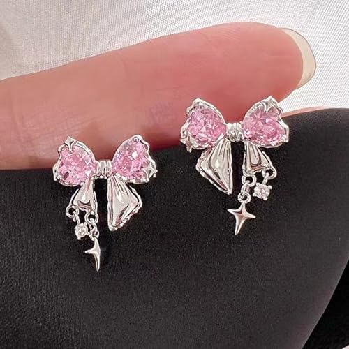 Rhinestone Bow Earrings for Women, Elegant Bridal Jewelry Statement Drop Dangle Earrings, Wedding Guest Dress Matching Accessories, Bridesmaid Gift, Sparkling Party Costume Outfit - color: C1:Pink Bow Earrings