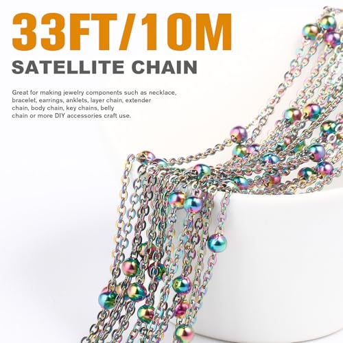 33 Feet Multicolor Satellite Bead Chains Roll, 2mm 304 Stainless Steel Rainbow Ball Beaded Cable Link Chains Spool Bulk for Jewelry Making DIY Craft - color: Colorful Big Beads Satellite Cable Chain