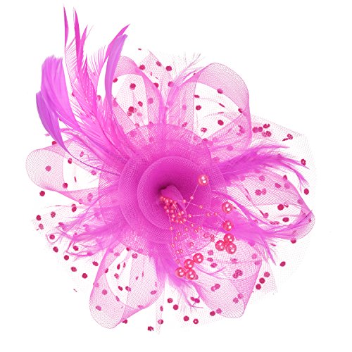 DRESHOW Fascinators Hat Flower Mesh Ribbons Feathers on a Headband and a Clip Tea Party Headwear for Girls and Women - color: 7" Diameter / Fushia