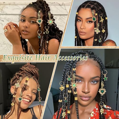 36PCS Hair Jewelry Green Crystal Loc Charms Butterfly Braids Clips Heart Dreadlock Hair Pendant Gold Hair Cuffs Rings Metal Braids Accessories - color: Green