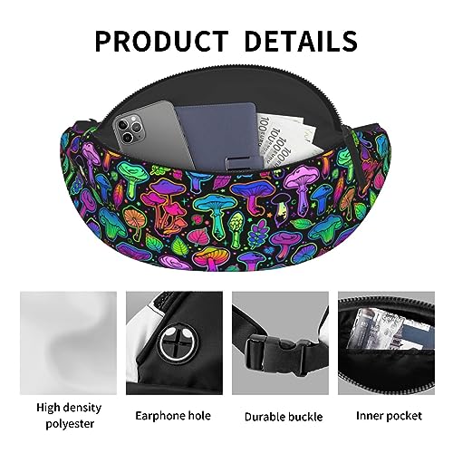 Mushrooms Bright Psychedelic Colors Fashion Casual Fanny Pack Waist Bag Men Women Adjustable Belt Waist Bag For Travel Hiking Cycling Running Festival Carnival - color: Black13