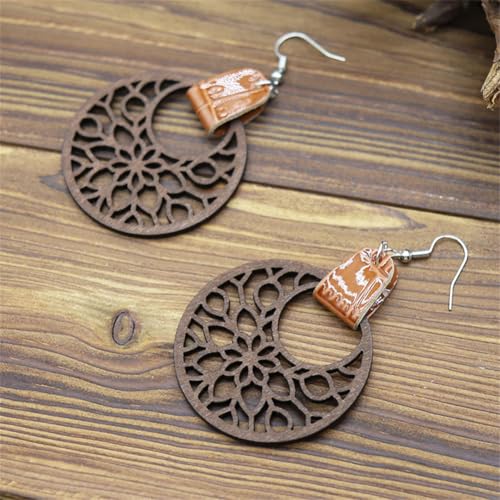 Handmade 70s 80s Retro Leather Round Hollow Wooden Flower Dangle Drop Earring Unique Lightweight Flower Hook Earrings For Women