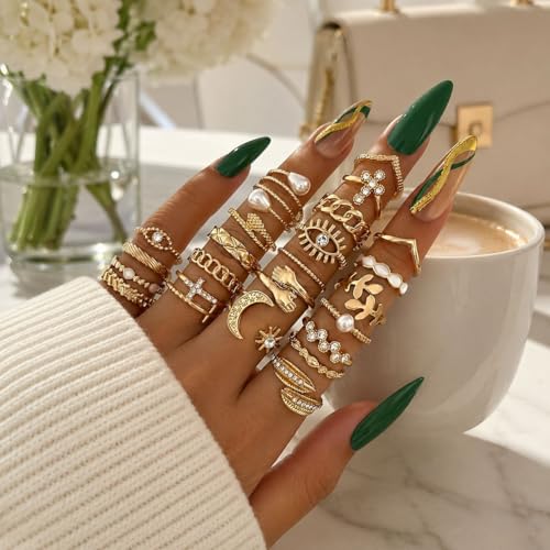 Gold Stackable Rings Set Moon Star Design Adjustable Rings for Everyday Wear Mid FingerPinky Ring Trendy Jewelry Gifts - color: L