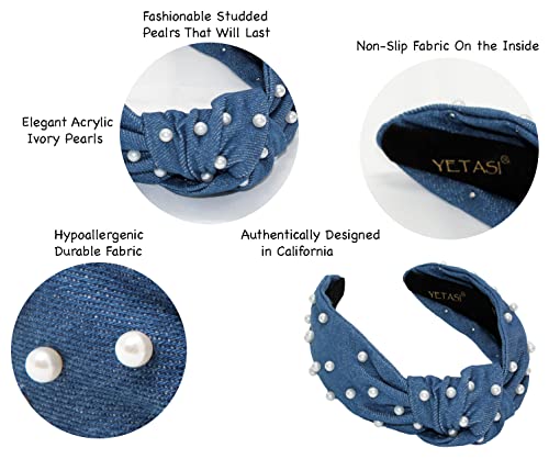 Denim Blue Knotted Headband for Women with Pearls is a Comfy Year-round Pearl Headbands for Women Wearable All Day Fashion Designer Dark Blue Jean Girls Head bands Top Knot Thick for Hair - color: Blue Denim White Pearl