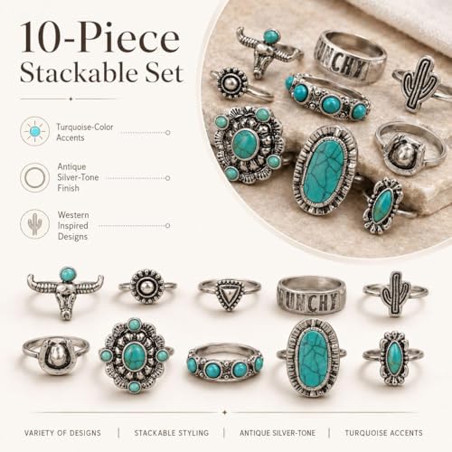 Turquoise Stackable Rings for Women, Adjustable Boho Jewelry Set, Vintage Fashion Accessories