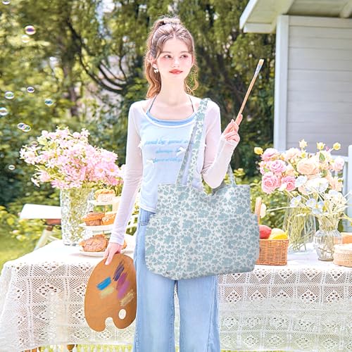 Corduroy Tote Bag for Women,Large Capacity Cute Tote Bags With 6 Pockets,Crossbody Shoulder Handbag for Work Travel Gym - color: Blue Flowers