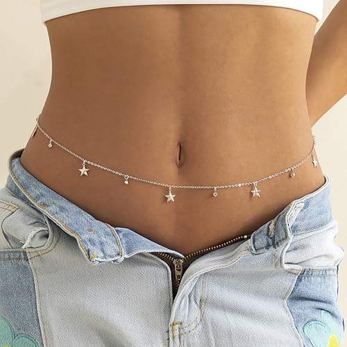 MODRSA Silver Gold Belt Chain Belt for Women Fashion Plus Size Pearl Waist Chains Metal Layered Gold Belts Chains no Tarnish Trendy Pirate Belly Belts for Women Dress Sun Moon Star Waist Jewelry - color: D5- Flower - white gold