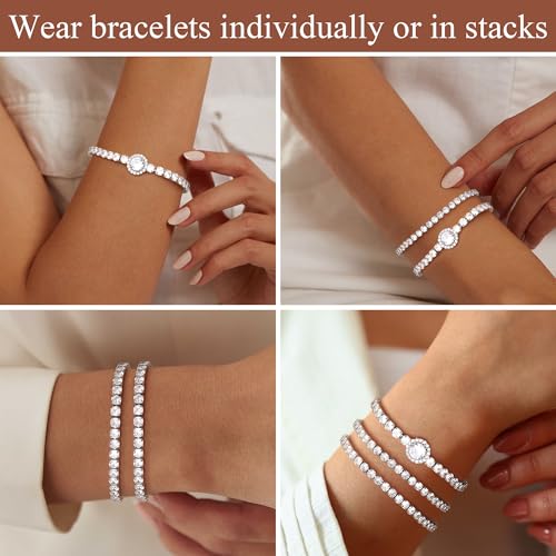 YADOCA Tennis Bracelets For Women - Silver Plated Bracelet Stack Cubic Zirconia CZ Diamond Adjustable Stackable Bracelets Set For Prom Wedding Jewelry Gift 3Pcs - style: C:Round CZ-1