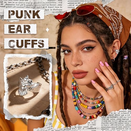 Gothic Ear Cuffs Helix Cartilage Clip on Goth Ear Cuff Stainless Steel Hypoallergenic Earrings for Women Men Non Piercing Gold & Silver Fake Earring Lightweight Punk Jewelry Gift - color: K9-Silver Eagle Design