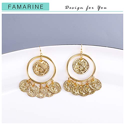 FAMARINE Vintage Tribal Chandelier Portrait Coins Hoop Drop Earrings for Women Costume Jewelry - color: Gold