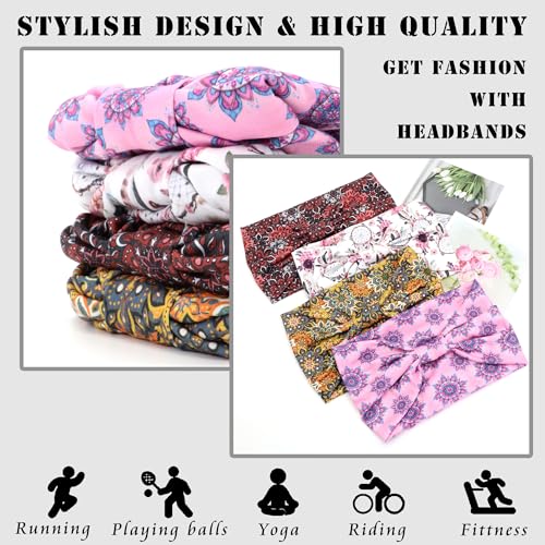 FULZTEY Wide Boho Headbands for Women Fashion Floral Print Bandana Head Bands Large Knotted Hairband Elastic Workout Yoga Turban Thick Headwraps Cute Hair Accessories for Teen Girls 4Pcs - color: Style 85