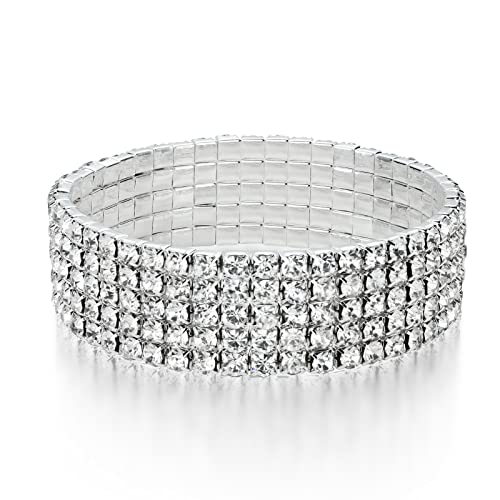 Zealmer Sparkle Multicolor Rhinestone Stackable Stretch Bracelets for Women - color: 5 Row Silver Bracelet