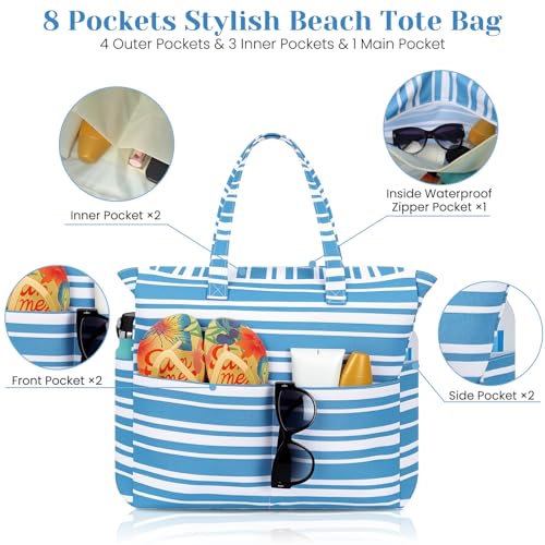 Trifabricy Beach Bags for Women Waterproof Sandproof Women Tote Bag, Large Beach Bag with Zipper for Gym Travel Vocation - color: Haze Blue