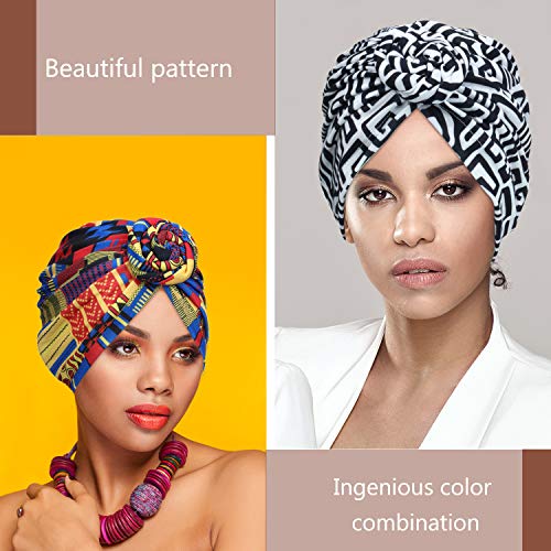 SATINIOR 4 Pieces African Pattern Headwrap Pre-Tied Bonnet Turban Knot Beanie Cap Headwrap Hat - style: Geometry Leopard Coffee Style