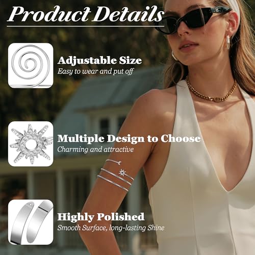 9Pcs Arm Cuff Bracelets Gold Upper Arm Cuff for Women Adjustable Upper Arm Bangle Bracelet Minimalist Irregular Arm Bangle Armband Coil Swirl Armlets Armband Jewelry Set - color: Silver A
