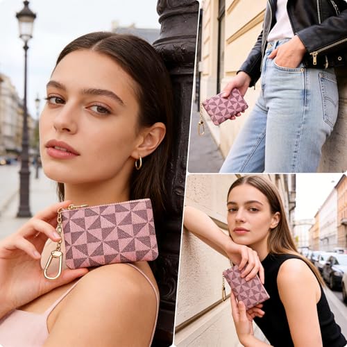 Leather Coin Purse for Women with KeyChain Small Zipper Change Purse coin Pouch Card Holder Wallet Clutch for Women & Men (Pink) - color: Pink