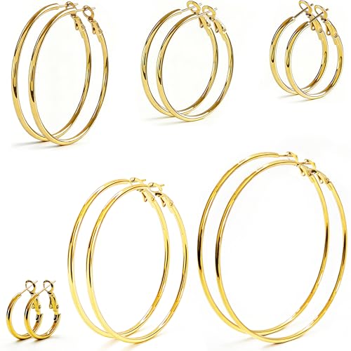 6 Pairs Silver Gold Hoop Earrings for Women - 14K Gold Plated 316 Stainless Steel, Hypoallergenic Lightweight 20/30/40/50/60/70mm Hoops Set - color: Gold