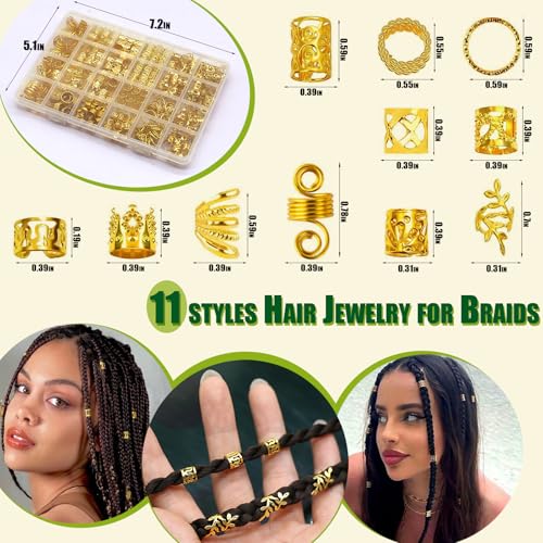 280pcs Gold Hair Jewelry for Braids Dreadlock Locs Metal Hair Clips Accessories for Women,Adjustable Hair Cuffs Coils Rings Charms Braiding Decoration - color: Gold-280pcs